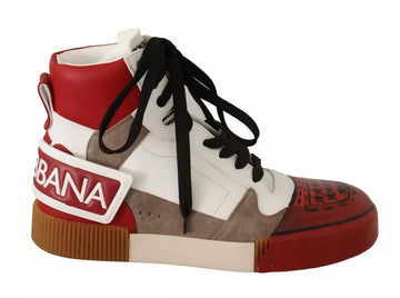 Dolce & Gabbana Red White Beige Leather High Tops Sneakers Shoes