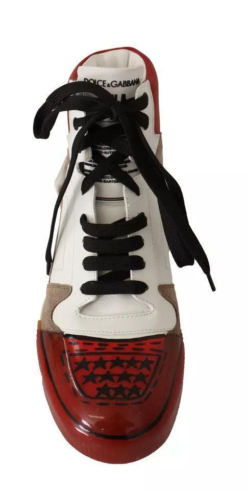 Dolce &amp; Gabbana Red White Beige Leather High Tops Sneakers Shoes