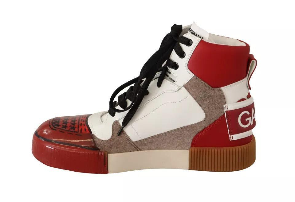Dolce &amp; Gabbana Red White Beige Leather High Tops Sneakers Shoes