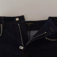 Dolce & Gabbana Dark Blue Embellished Denim Hot Pants Shorts