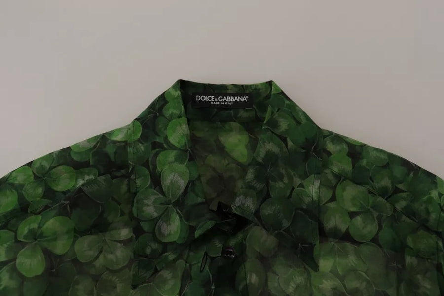 Dolce & Gabbana Green Clover Print Long Sleeves Collared Top Blouse