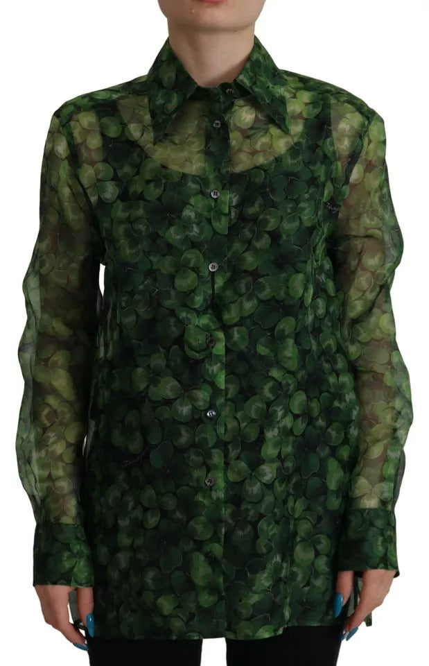 Dolce & Gabbana Green Clover Print Long Sleeves Collared Top Blouse