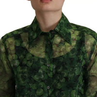 Dolce & Gabbana Green Clover Print Long Sleeves Collared Top Blouse