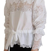 Dolce & Gabbana White Lace Trim Turtleneck Blouse Cotton Top