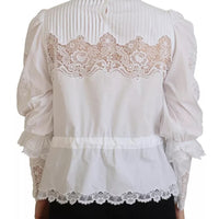 Dolce & Gabbana White Lace Trim Turtleneck Blouse Cotton Top