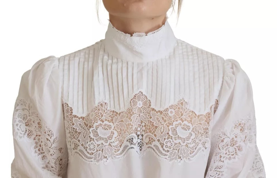 Dolce & Gabbana White Lace Trim Turtleneck Blouse Cotton Top