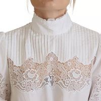 Dolce & Gabbana White Lace Trim Turtleneck Blouse Cotton Top