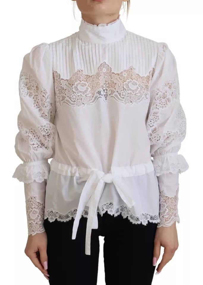 Dolce & Gabbana White Lace Trim Turtleneck Blouse Cotton Top