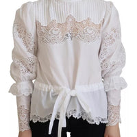 Dolce & Gabbana White Lace Trim Turtleneck Blouse Cotton Top