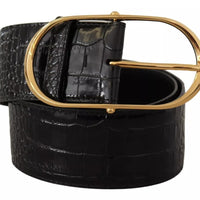 Dolce & Gabbana Black Wide Embossed Leather Gold Metal Buckle Belt