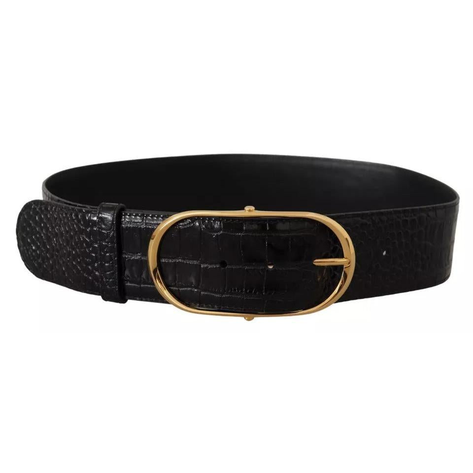 Dolce &amp; Gabbana Black Wide Embossed Leather Gold Metal Buckle Belt
