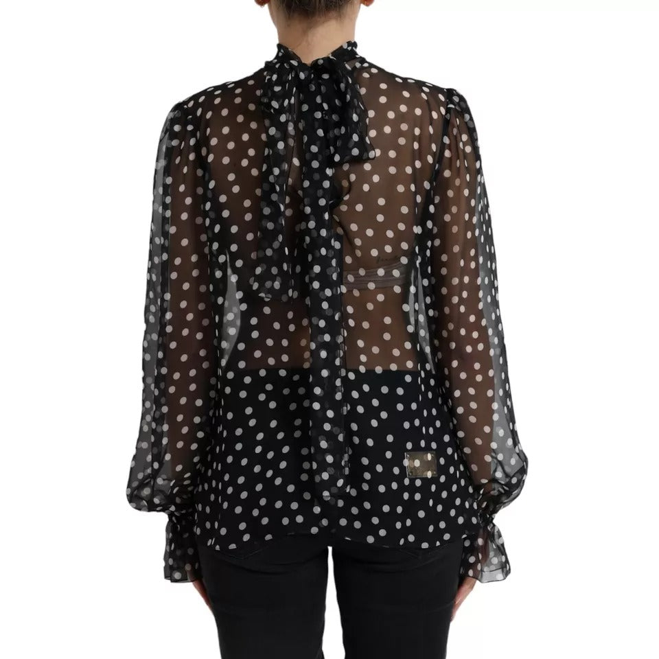 Dolce & Gabbana Black White Polka Dot Silk Ascot Collar Top