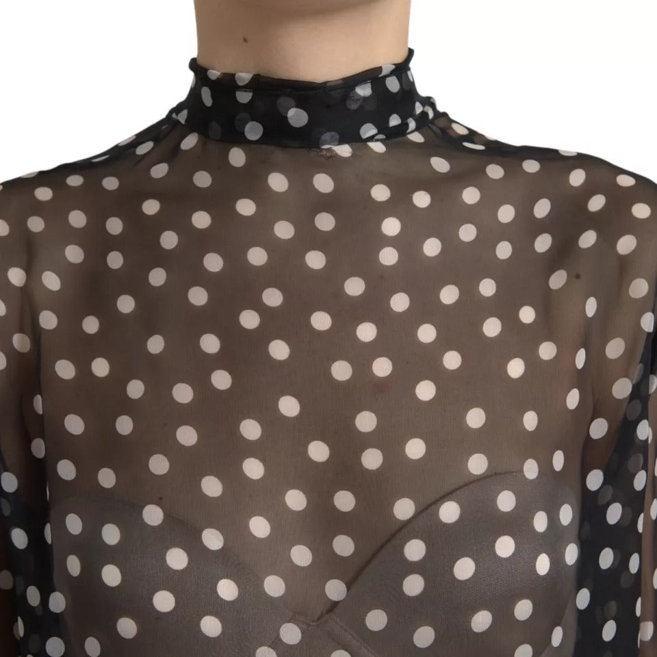 Dolce & Gabbana Black White Polka Dot Silk Ascot Collar Top