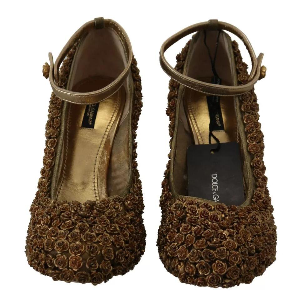Dolce &amp; Gabbana Gold Roses Embellished Heels Pumps Shoes