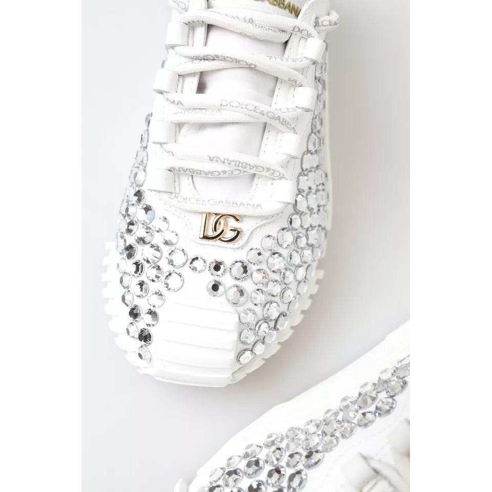 Dolce &amp; Gabbana White NS1 Canvas Leather Embellished Sneakers Shoes