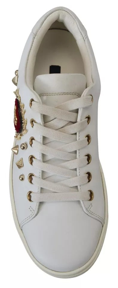 Dolce & Gabbana White Leather Gold Red Heart Sneakers Shoes