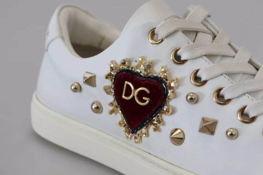 Dolce & Gabbana White Leather Gold Red Heart Sneakers Shoes