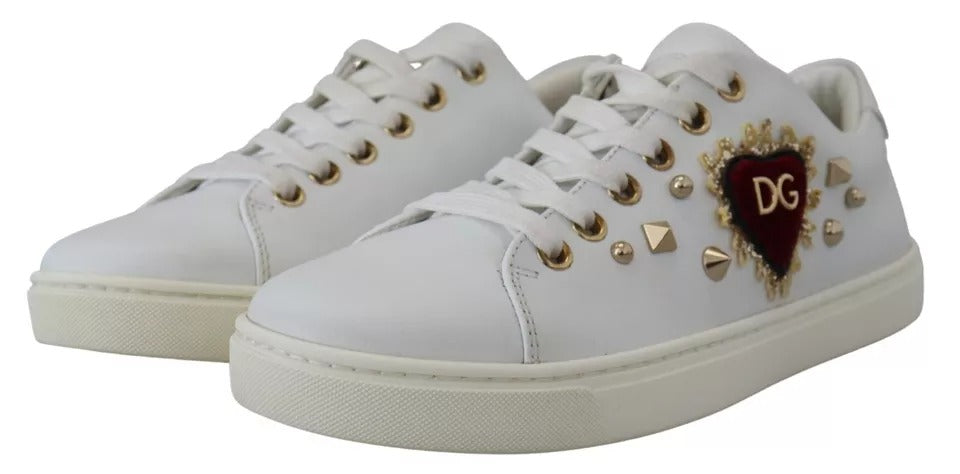 Dolce & Gabbana White Leather Gold Red Heart Sneakers Shoes