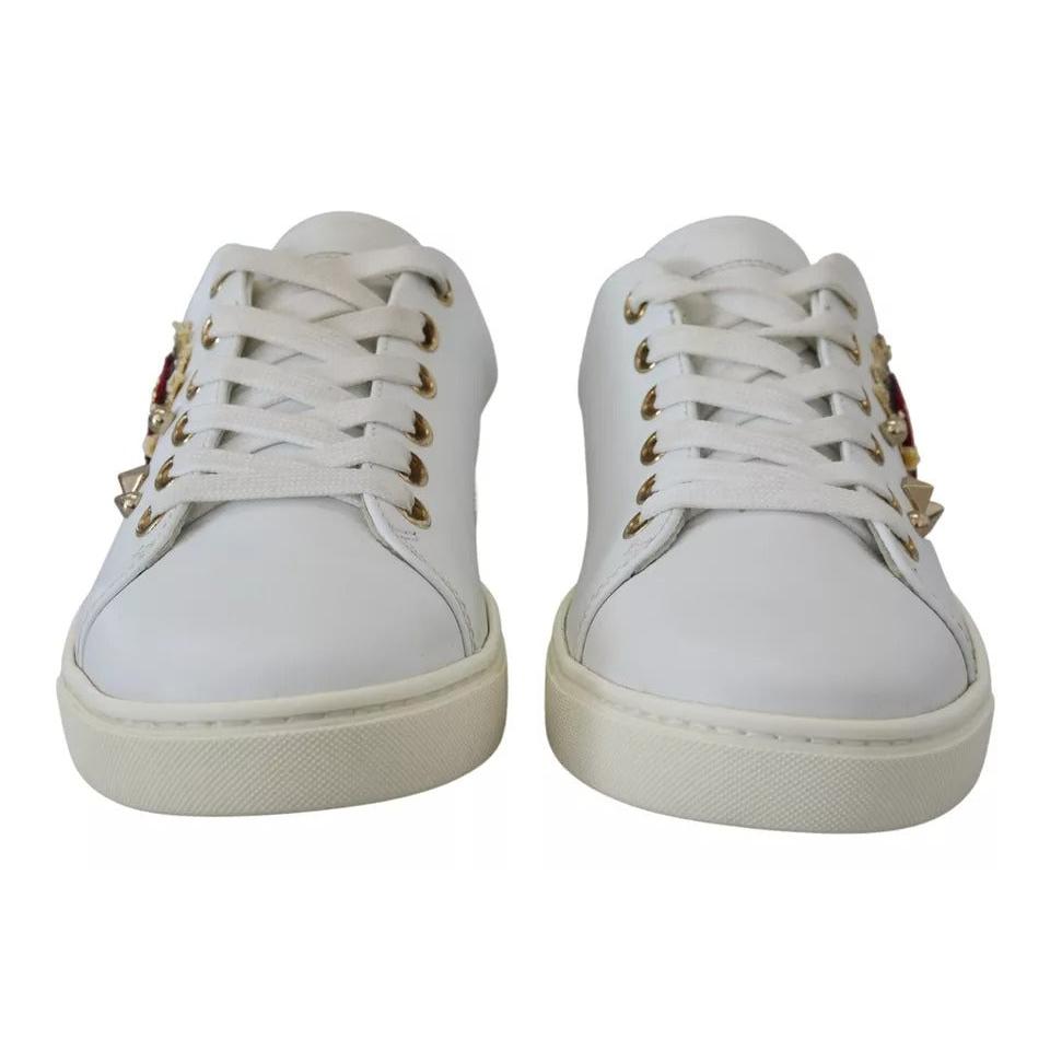 Dolce &amp; Gabbana White Leather Gold Red Heart Sneakers Shoes