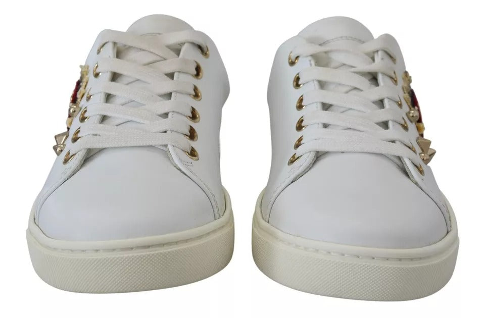 Dolce & Gabbana White Leather Gold Red Heart Sneakers Shoes