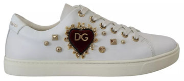 Dolce & Gabbana White Leather Gold Red Heart Sneakers Shoes