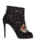 Dolce & Gabbana Black Crystal Lace Booties Stilettos Shoes