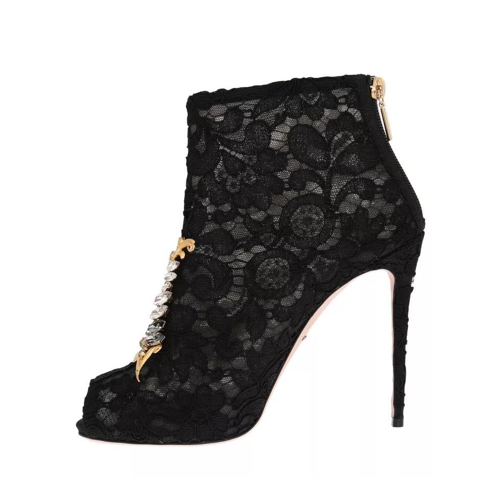 Dolce &amp; Gabbana Black Crystal Lace Booties Stilettos Shoes