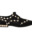 Dolce & Gabbana Black Lace Up Jewelled Formal Flats Shoes