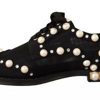 Dolce & Gabbana Black Lace Up Jewelled Formal Flats Shoes