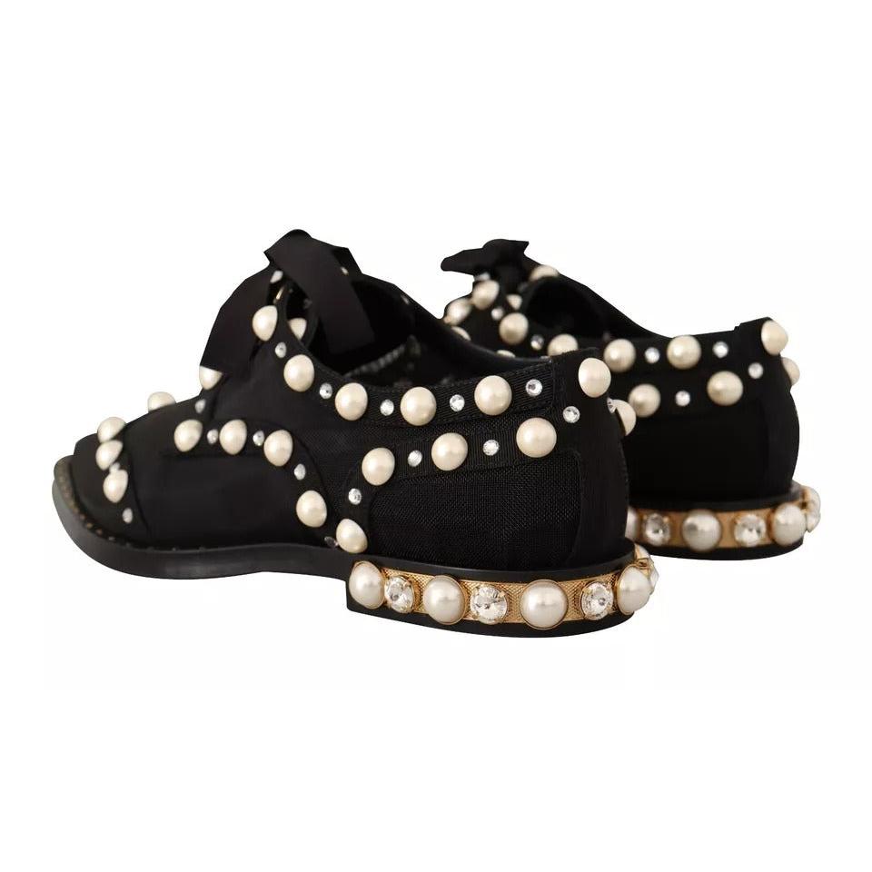 Dolce &amp; Gabbana Black Lace Up Jewelled Formal Flats Shoes