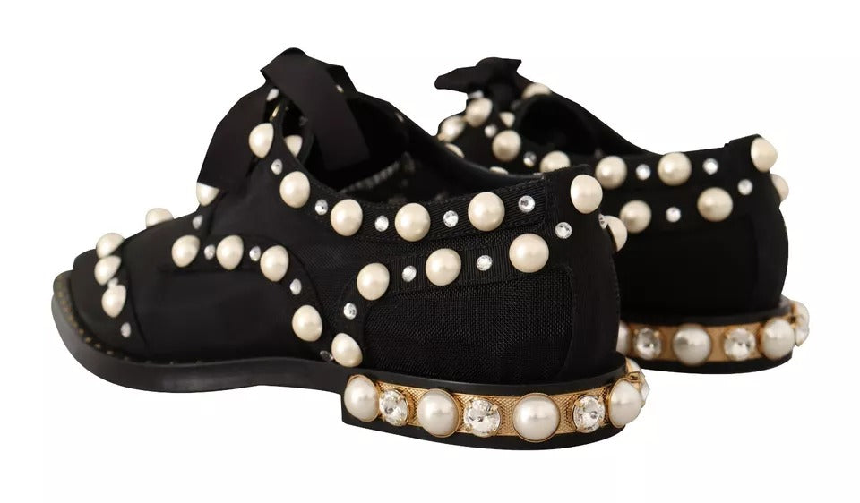 Dolce & Gabbana Black Lace Up Jewelled Formal Flats Shoes