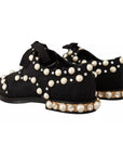 Dolce & Gabbana Black Lace Up Jewelled Formal Flats Shoes