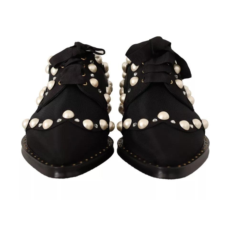 Dolce &amp; Gabbana Black Lace Up Jewelled Formal Flats Shoes