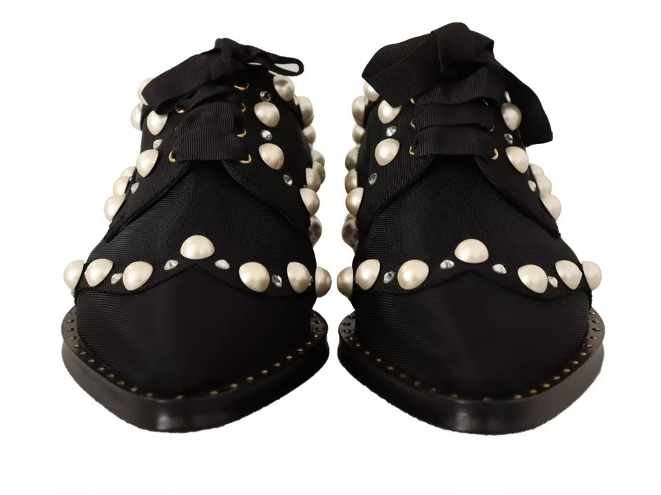 Dolce & Gabbana Black Lace Up Jewelled Formal Flats Shoes