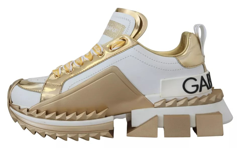 Dolce & Gabbana White Gold Leather Super Queen Shoes Sneakers