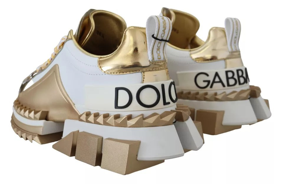 Dolce & Gabbana White Gold Leather Super Queen Shoes Sneakers