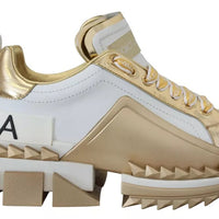 Dolce & Gabbana White Gold Leather Super Queen Shoes Sneakers