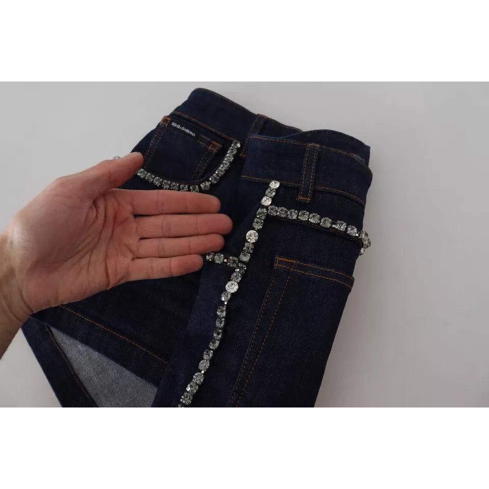 Dolce &amp; Gabbana Blue Denim Stretch Crystal Hot Pants Shorts
