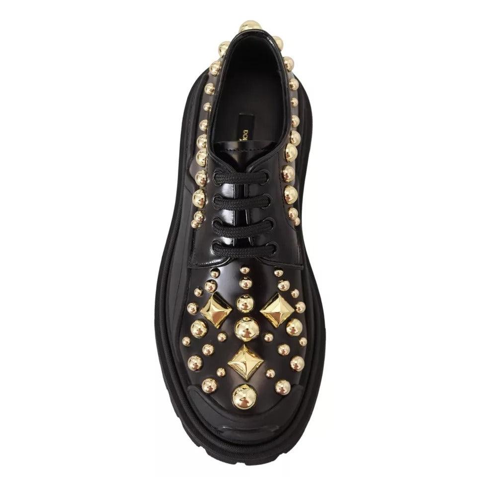 Dolce &amp; Gabbana Black Leather Trekking Derby Embellished Shoes
