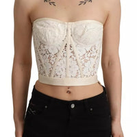 Dolce & Gabbana White Strapless Floral Lace Cropped Bustier Top