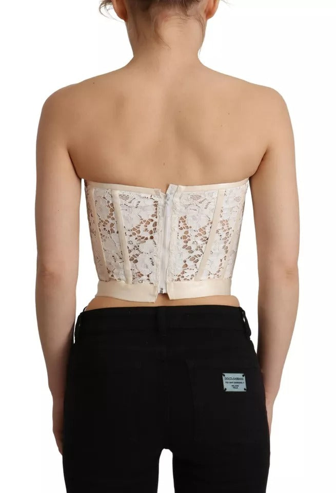 Dolce & Gabbana White Strapless Floral Lace Cropped Bustier Top