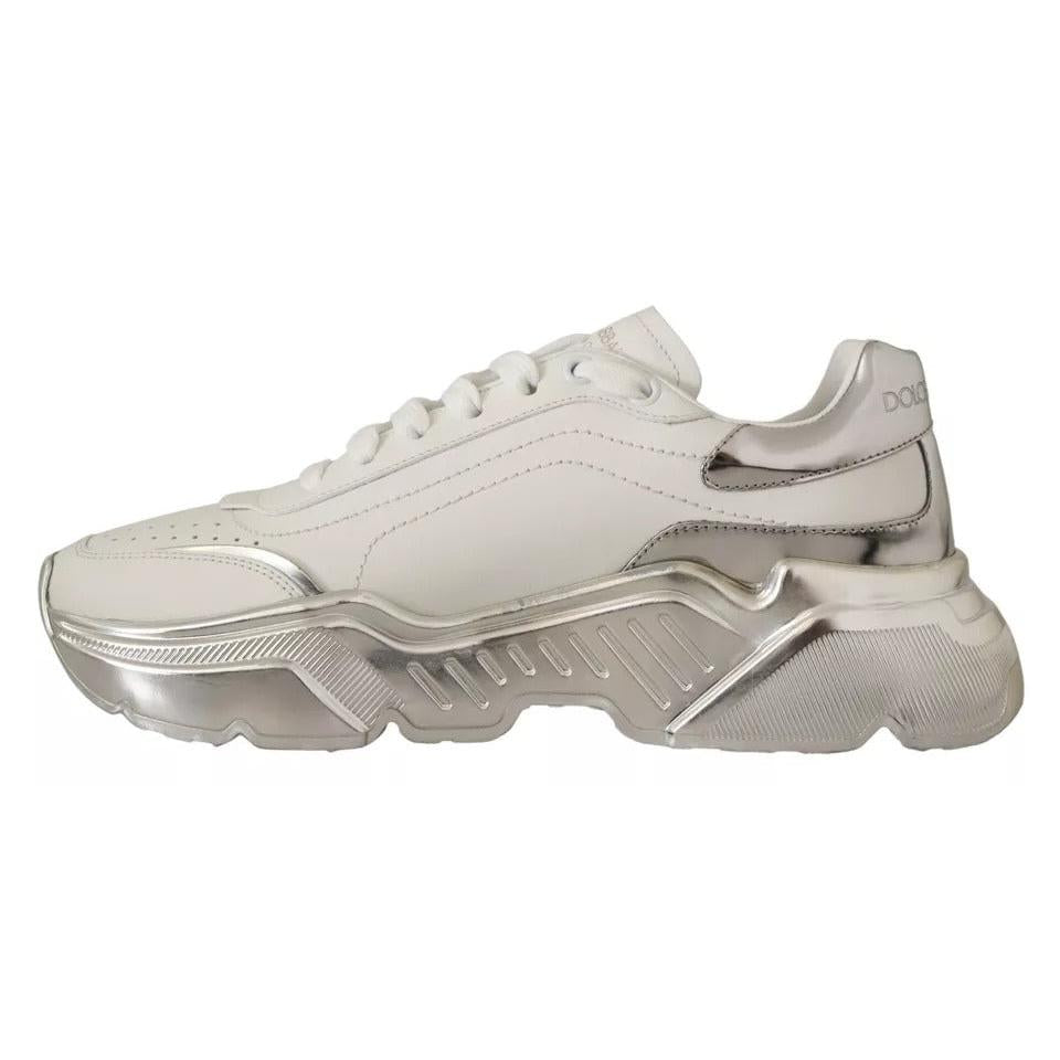 Dolce &amp; Gabbana White Silver Leather Daymaster Sneakers Shoes