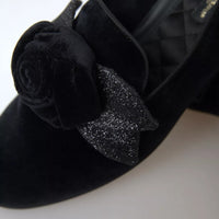 Dolce & Gabbana Black Velvet Flats Bow Young Queen Shoes