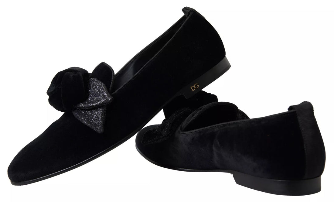 Dolce & Gabbana Black Velvet Flats Bow Young Queen Shoes