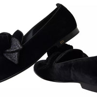 Dolce & Gabbana Black Velvet Flats Bow Young Queen Shoes