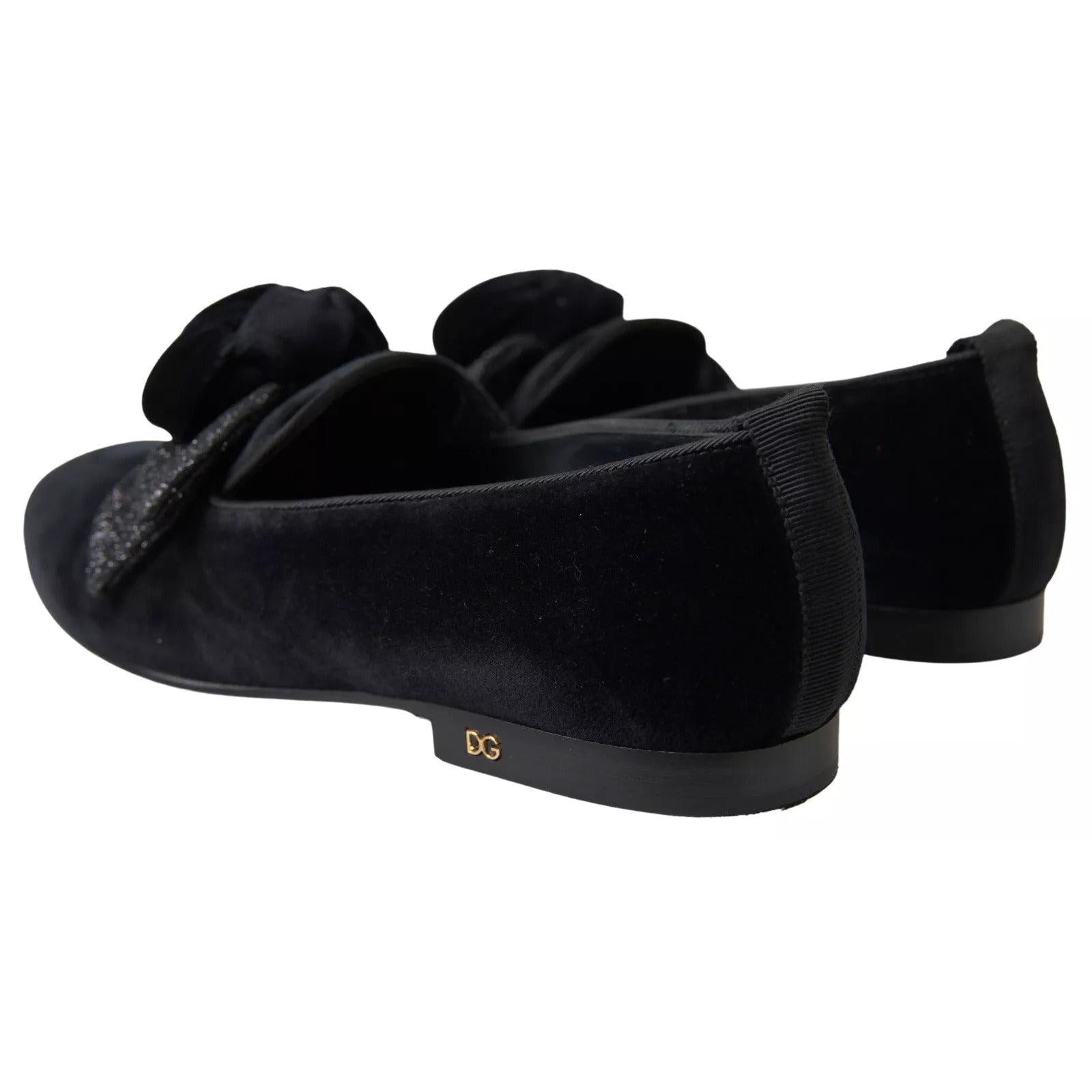 Dolce &amp; Gabbana Black Velvet Flats Bow Young Queen Shoes