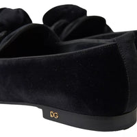 Dolce & Gabbana Black Velvet Flats Bow Young Queen Shoes