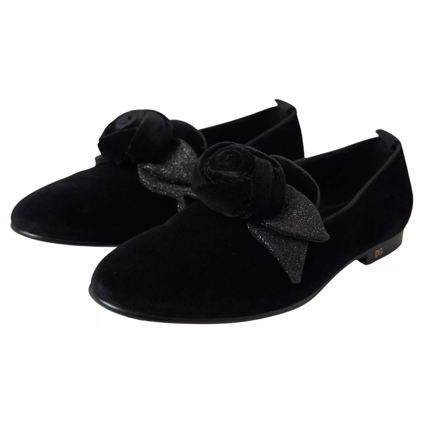 Dolce &amp; Gabbana Black Velvet Flats Bow Young Queen Shoes