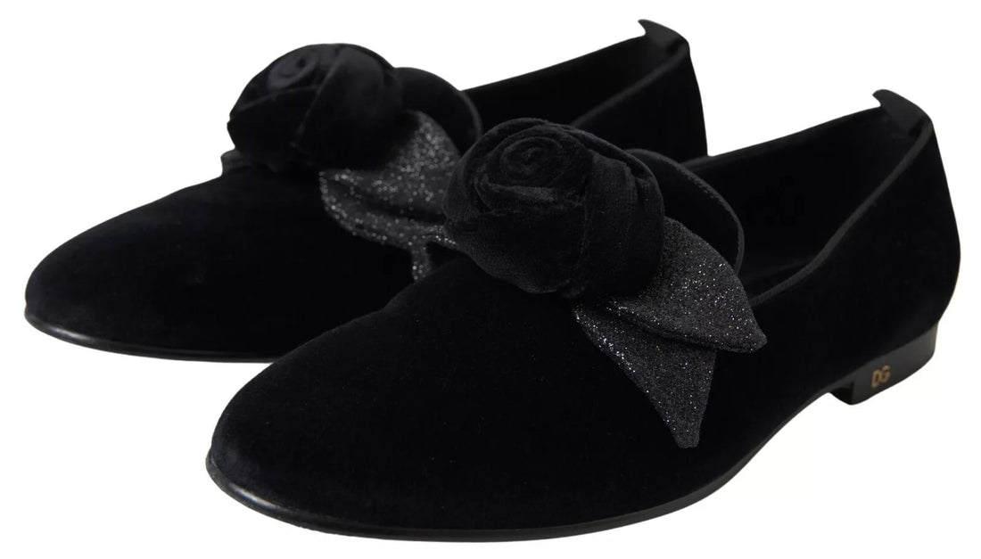 Dolce & Gabbana Black Velvet Flats Bow Young Queen Shoes