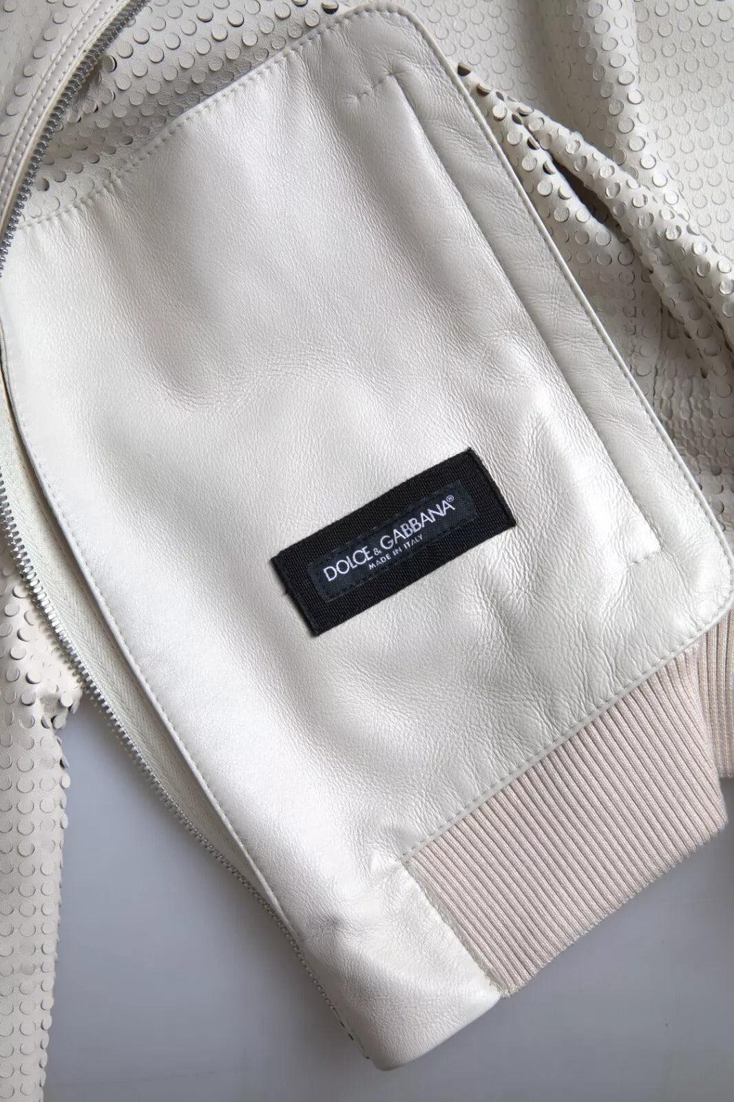 Dolce &amp; Gabbana Off White LeatherPerforated Full Zip Jacket